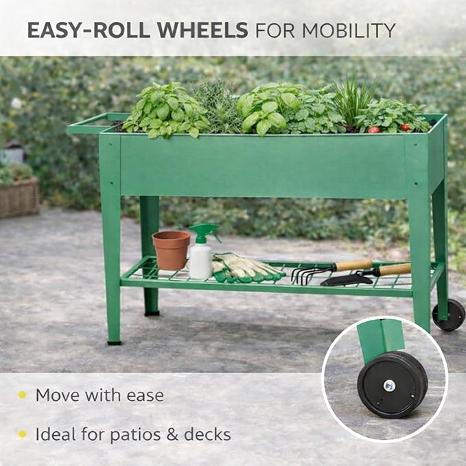 InSideOut Elevated 40 Raised Garden Bed Outdoor with Wheels &amp Shelf for Mobility Metal Planter Box for Vegetables/Herbs Patio-Balcony-Backyard (Sage Green)