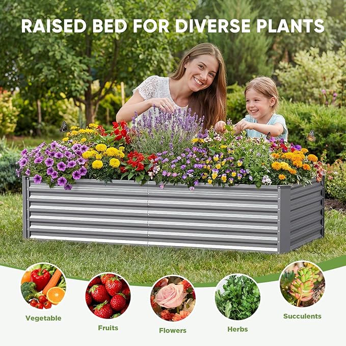 Galvanized Raised Garden Bed Outdoor 8x4x2ft Large Raised Bed for Gardening Metal Planter Box for Vegetables Fruits Flowers and Herb Easy Assembly Food Grade Materials Silver