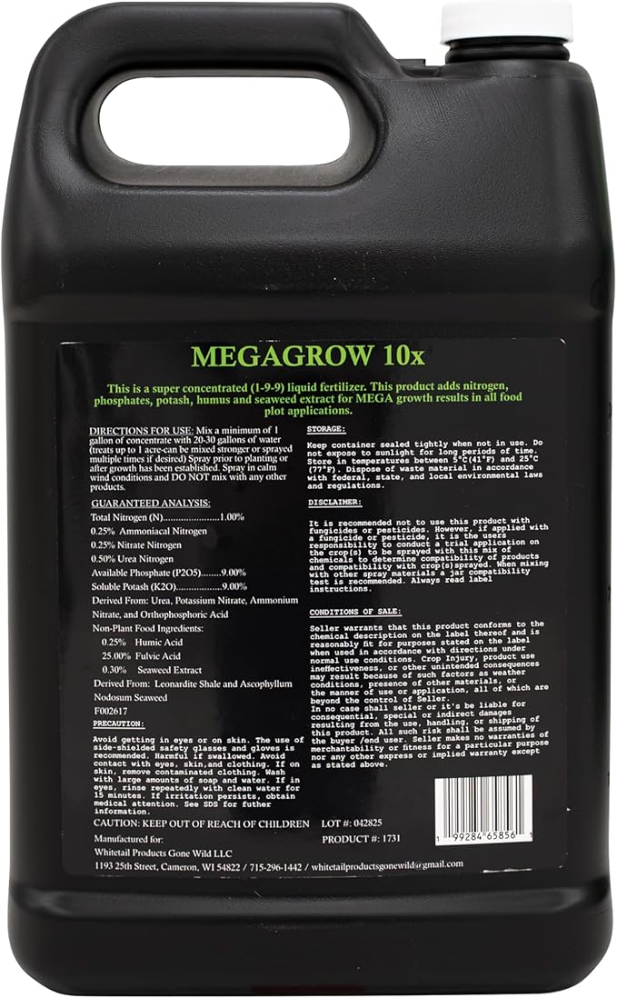 Mega Grow 10X Liquid Soil Conditioner/Fertilizer Treats 1 Acre 1 Gallon Jug Made in Wisconsin G8561
