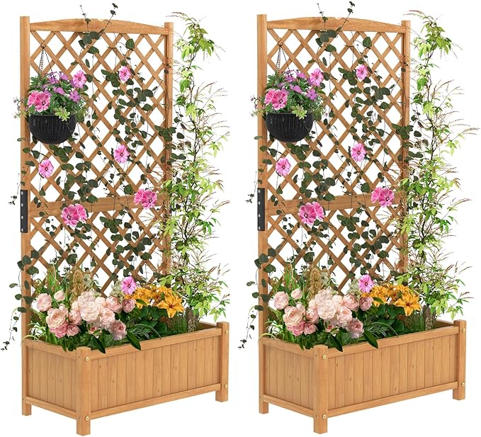 IRONMAX Planter Box with Trellis Fir Wood Vine Planter with Drainage Holes for Vegetables Flower Climbing Plants Outdoor Raised Garden Bed with Hanging for Yard Balcony (2 35.5 Lx17.5 Wx71 H)