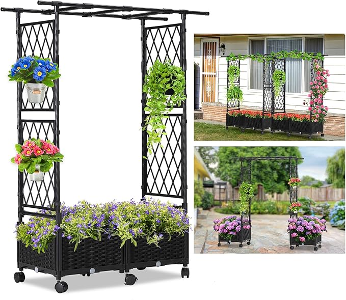 Planter Box with Trellis Outdoor 53.1in Plastic Raised Garden Bed with Trellis Hanging Roof for Vine Flower with Lockable Wheels &amp Drain Plug for Patio Backyard Balcony Black 1 Pc