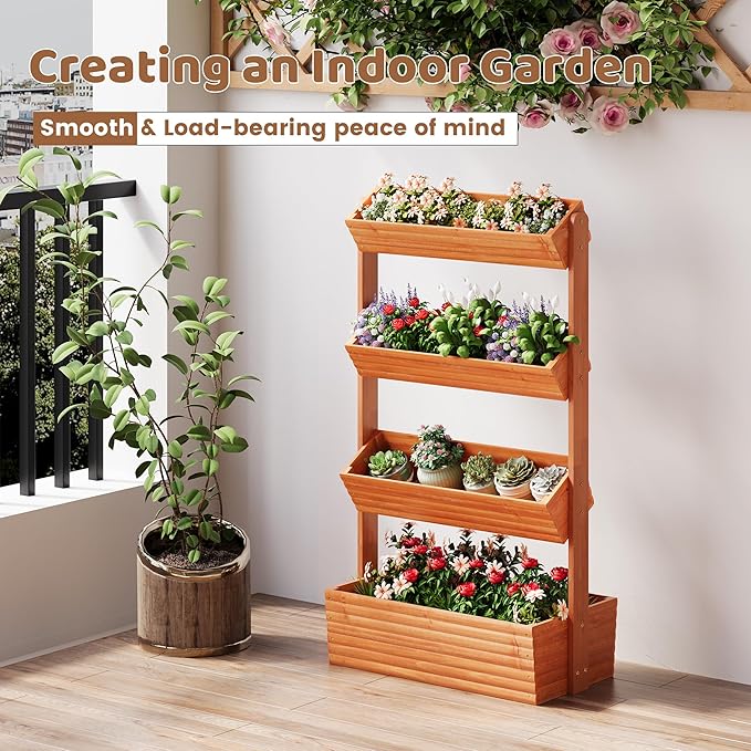 FILWH Wooden Raised Garden Bed Vertical Planter Box Freestanding Plant Stand for Indoor Outdoor Plants Herbs Flowers Vegetables Gardening (Reddish Brown 4-Tier29.9 x 17.9 x 55in)