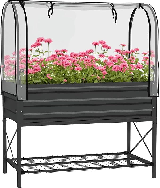 Outsunny Raised Garden Bed with Cover and Storage Shelf Rectangular Metal Elevated Planter Box with Legs and Bed Liner for Vegetables Flowers Herbs Black
