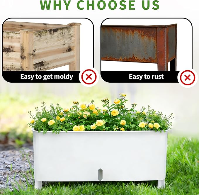 MNKXL Self-Watering Raised Planter Box with Lockable Wheels2-Tier Elevated Garden Bed with Visible Water Level WindowIndoor Outdoor Plastic Plant Box for FlowersVegetables &amp Herbs