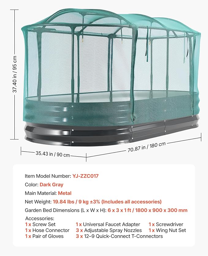 VEVOR 6x3x1FT Metal Raised Garden Bed Kit with Self Watering System and Mesh Cover Oval Outdoor Galvanized Planter Raised Beds for Gardening Planting Flowers Fruits Vegetables