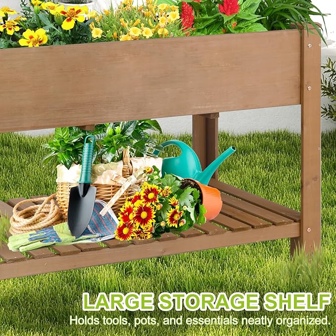 Raised Garden Bed with Legs - Elevated Wooden Planter Box Durable Fir Wood Reinforced Frame with Drainage Holes Liner and Storage Shelf for Vegetables Herbs Flowers 47 x 23 x 30