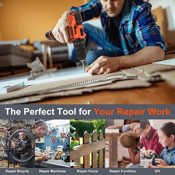 COMOWARE Cordless Drill Set 12V Power Drill with Battery &amp Charger 3/8 Keyless Chuck 23Pcs Driver Bits Orange Storage Bag included