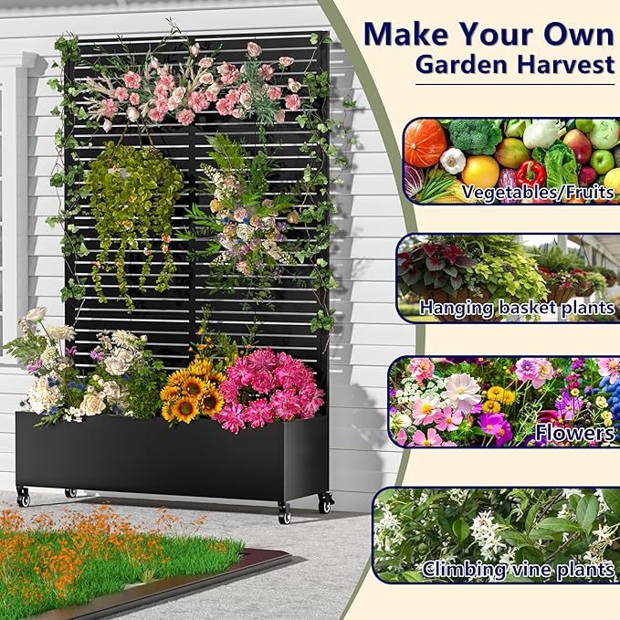 Metal Planter Box with Trellis72x47x16Galvanized Steel Outdoor Raised Garden Bed with Privacy Screenwith Drainage Holes &amp Lockable Casters for Climbing PlantsVegetablesand Vines(BYC)