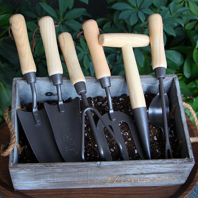 Japanese Gardening Tools Set 6 Pcs Garden Tools Set Black Painted Stainless Steel Heavy Duty Gardening Tools Kit Hand Trowel Dibble Hand Rake Weeder Transplanter and Hand Folk…