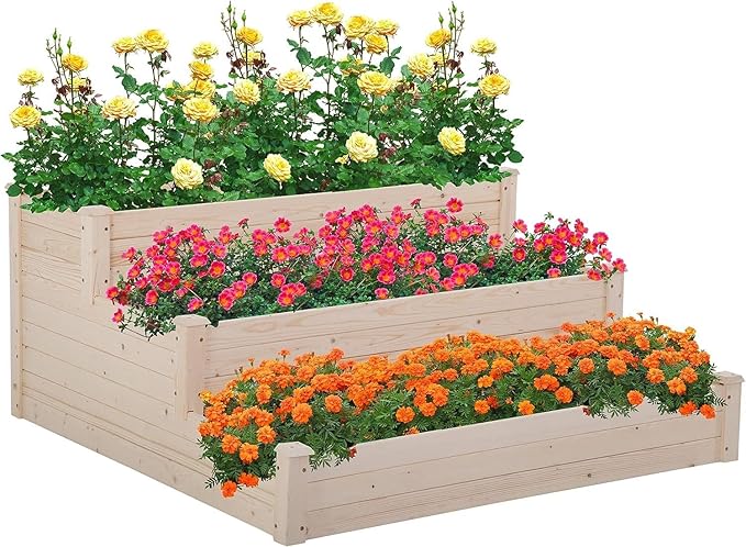 3-Tier Garden Raise Bed Premium Elevated Garden Bed Wood Planter Box Kit Wooden Elevated