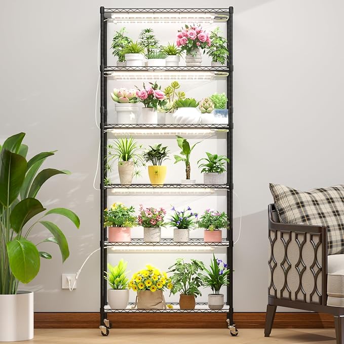 Plant Stand with Grow Light 6-Tier DIY Plant Shelf with Grow Lights for Seedlings Greenhouse Indoor 8 Pack 5000K 192W LED Full Spectrum Growing Lamp with Rack Wheel 29x13.5x73.5