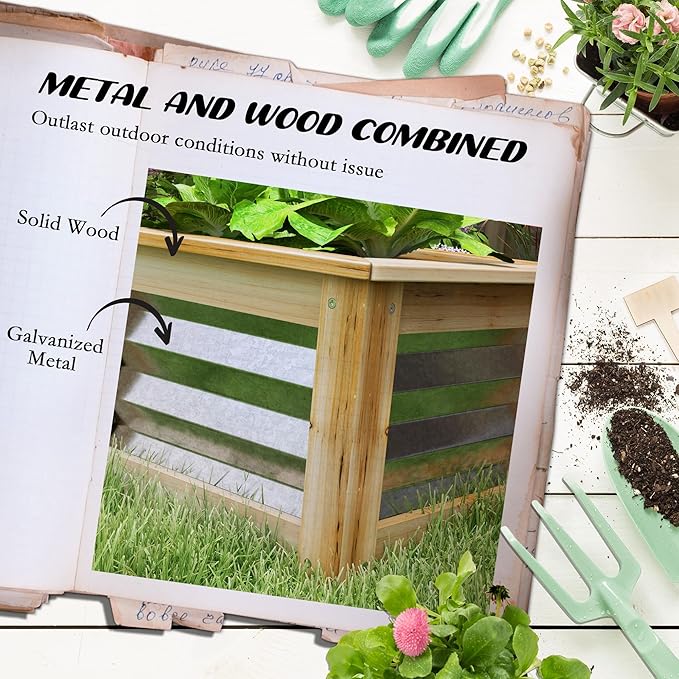 Raised Garden Bed Set of 2 Outdoor Galvanized Metal Planter Box Reinforced with Wood Stock Tanks for Growing Flowers Herbs Vegetables - Self-Draining 17.75 L x 17.75 W x 11.75 H