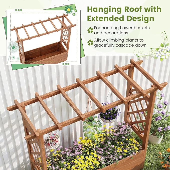 Giantex Raised Garden Bed with Sided Trellis &amp Roof Set 2 31”x16”x41” Wood Elevated Planter Box Freestanding Garden Planter Raised Bed for Flowers Herbs Climbing VinesBrown