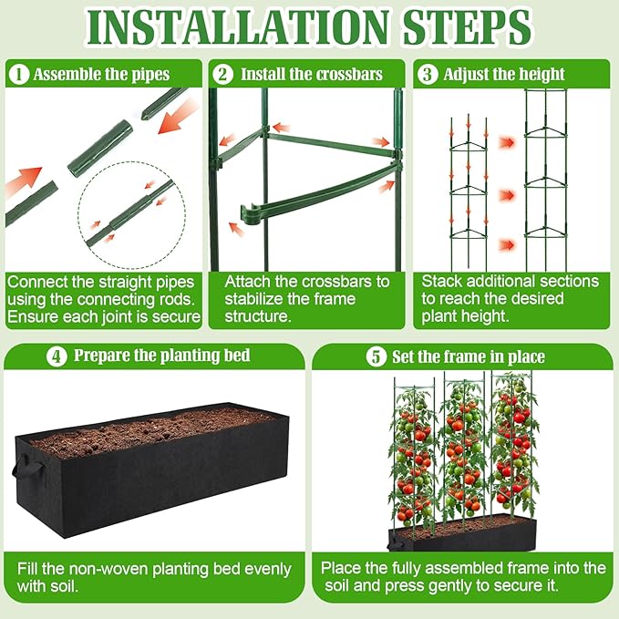 3-Pack Tomato Cage with 57 Gallon Raised Garden Bed - Anti Collapse Steel Core Plant Support System for Climbing Vegetables Plants Flowers 48 Adjustable Vertical Tomato Trellis for Garden Balcony