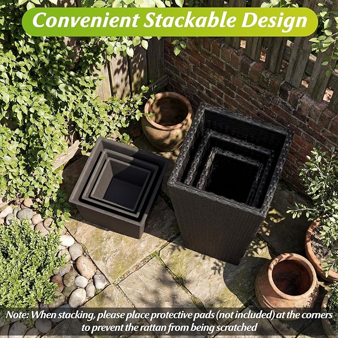 Giantex 3 Pack Tall Planters 30-22-18.5 H Tapered Rattan Planter with Detachable Inner Boxes Weather Resistant Indoor Outdoor Standing Wicker Flower Pots for Front Porch Patio Balcony (Black)