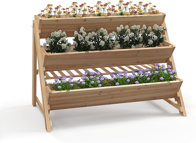 3-Tiers Raised Garden Bed Wooden Garden Planter with 3 Planter Box &amp Storage Shelf 2 Convenient Side Hooks Outdoor Elevated Plant Box Stand with Leg for Flowers Vegetables
