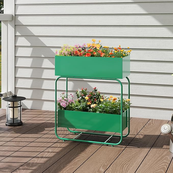 Raised Garden Bed with Legs - 2-Tier Elevated Garden Bed for Balcony Backyard Patio Outdoor &amp Indoor Metal Standing Garden Planter for Vegetables Flower(Green)