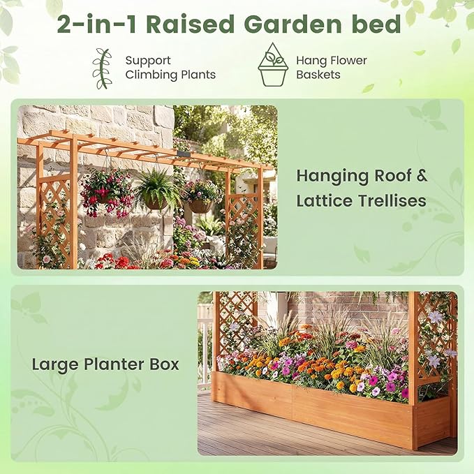 Giantex Wooden Raised Garden Bed with Trellis &amp Hanging Roof 2 Pack Fir Wood Planter Box 45” Freestanding Elevated Garden Bed for Outdoor Climbing Plants Vegetables Flowers Patio &amp Balcony