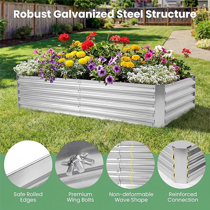 HAPPYGRILL Raised Garden Bed with Cover Outdoor Planter Raised Bed w/2 Large Zipper Mesh Screen Windows Galvanized Metal Planter Box for Gardening Flowers Vegetables (Green &amp Silver)