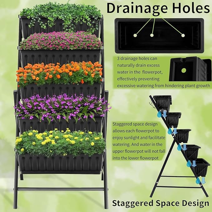 Homdox 2 Pack Vertical Garden Bed 5 Tiers Vertical Raised Garden Planter 23 * 26 * 45Inch Outdoor Garden Raised Bed with 4 Hooks Vegetable Flower Planter Raised Stand for Garden Patio Yard Black