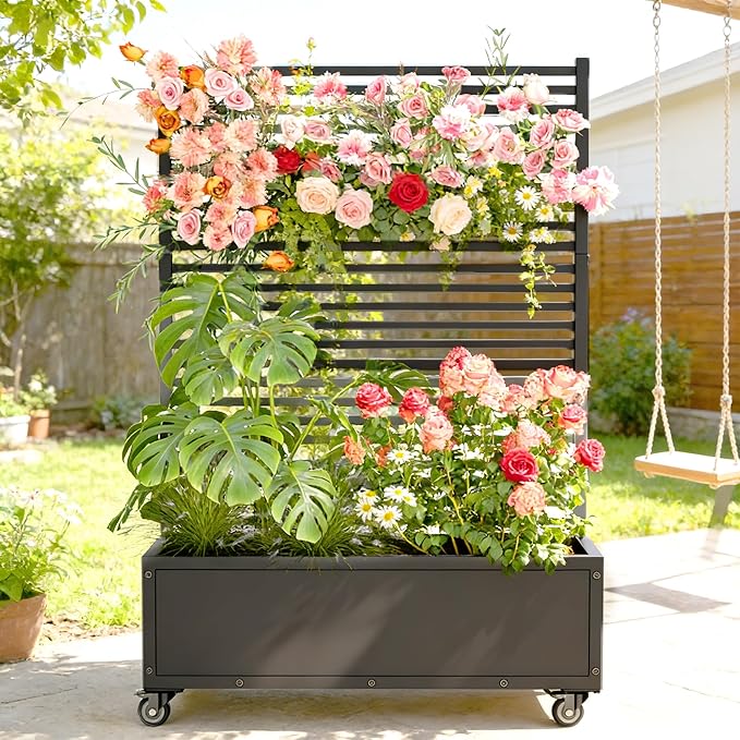 YOHKOH Metal Planter Box with Trellis 4 Wheels (2 Lockable) 13 Deep Raised Garden Bed with Trellis and Privacy Screen 47.2W x 14.7D x 70.3H Planter Box for Climbing Plants Patio Garden Black