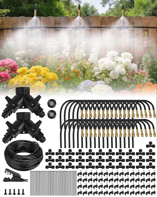 240FT Drip Irrigation System for Garden with 36 Nozzles –360° Adjustable Misting Nozzles Quick-Connect Design Ideal for Raised Beds Lawns Greenhouses &amp Outdoor Cooling