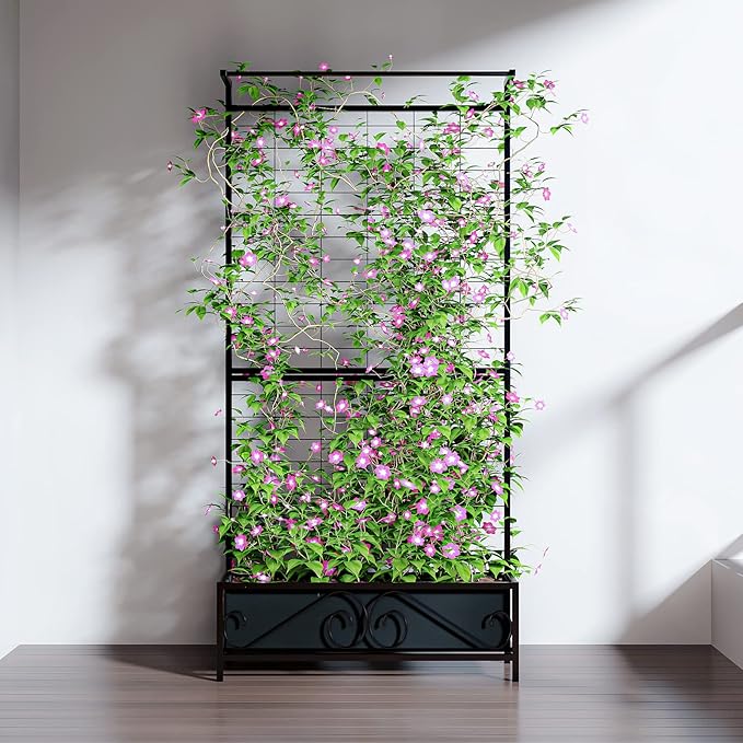 Zhongma Metal Planter with Trellis Raised Bed with Trellis for Vine Climbing Plants Flowers(12.8 x 35.43 x 74 in) 74 Inch Height Privacy Screen with Hanging Plant Pot Shelf