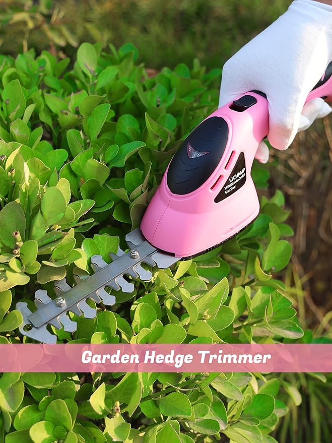 Lichamp 2-in-1 Electric Hand Held Grass Shear Pink Hedge Trimmer Shrubbery Clipper Cordless Battery Powered Rechargeable for Garden and Lawn CGS3602PK Pink