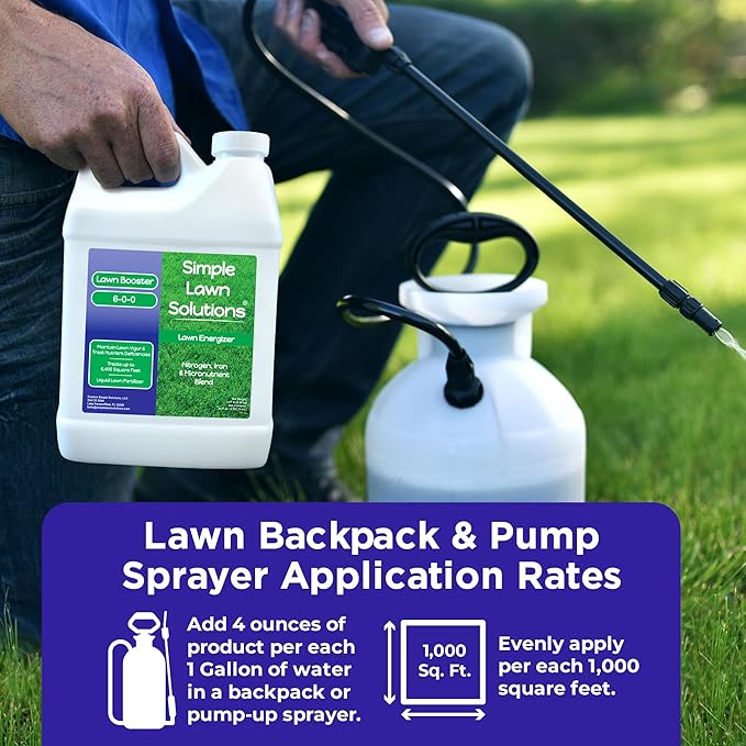 Commercial Grade Lawn Fertilizer with Iron- Liquid Fertilizer Spray- Nitrogen and Iron for Deeper Green Turf- Any Grass Type - Simple Lawn Solutions - Lawn Energizer (64 Ounce)