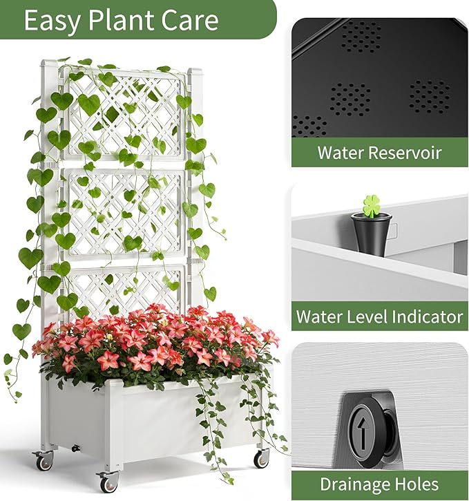 Miory 60 Raised Garden Bed with Trellis &amp Wheels Vertical Gardening Planter Box with Water Level Indicator and Drainage System for Garden Outdoor Patio Balcony