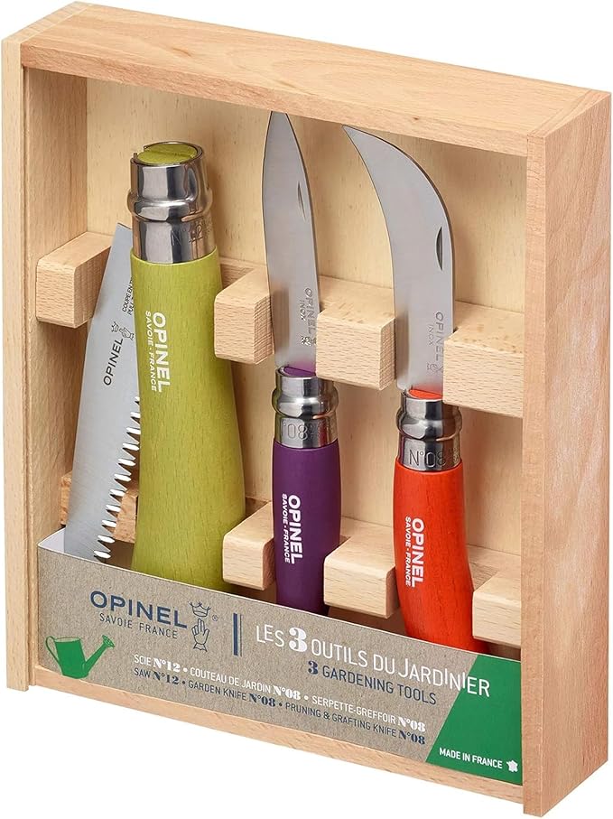 Opinel 3 Piece Gardening Tool Set - No. 12 Folding Saw No. 8 Pruning Knife No. 8 Garden Knife - Vibrant Painted Handles Stainless Steel and Carbon Steel Blades - Made in France