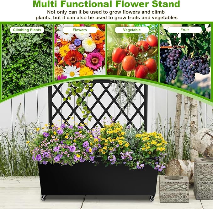 Metal Planter Box with Trellis 72x35x16 Metal Raised Garden Bed with Trellis Trellis Planter Box with Drainage Holes &amp Lockable Casters for Climbing Plants Vegetables and Vines