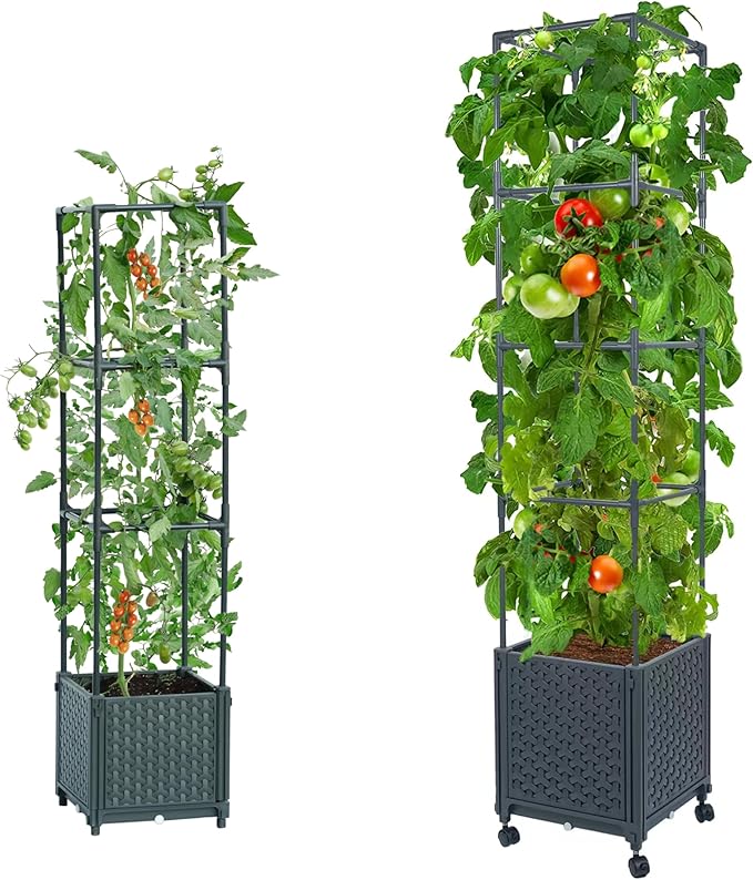LINEX Raised Garden Bed Planter Box with Trellis 41.3” &amp 56.7'' Tomato Planters for Climbing Plants Tomatoes Cage
