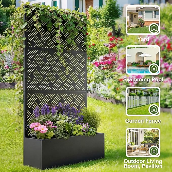 Metal Raised Garden Bed with Trellis Privacy Screen Planter Box for Climbing Plants 40 x 12 x 71 Inches Outdoor Standing Flower Bed with Drainage (Woven)