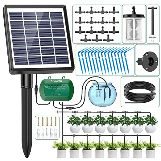 Solar Automatic Watering Kit for Garden Automatic Drip Watering System with 15 m Watering Hose Automatic Watering Timer for Holidays Balconies Flower Pots Plants