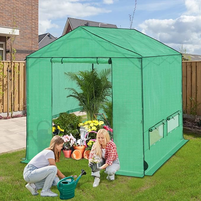 8x8 Pop Up Greenhouse Instant Walk in Green House with PE Cover Power Ports Roll up Doors &amp Windows for Indoor Outdoor Plant Growing Green
