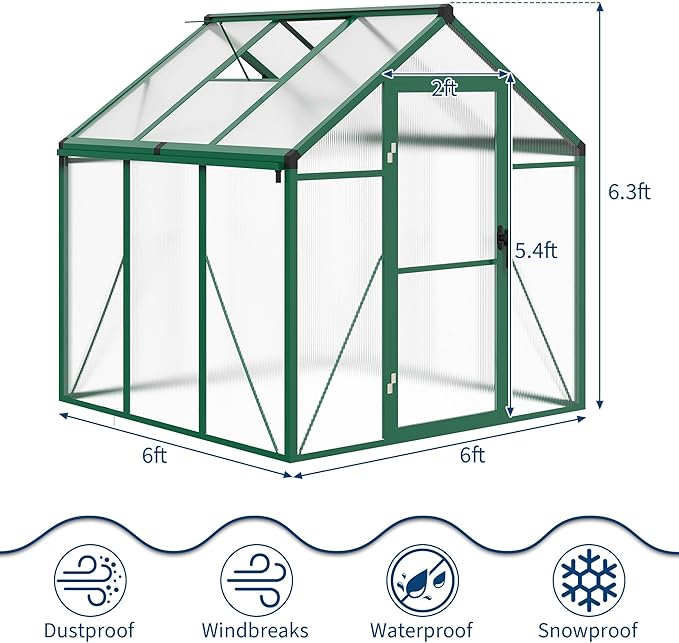6X6 FT Greenhouse for Outdoors Large Walk-in Polycarbonate Greenhouse Kit Aluminum Frame Lockable Door Roof Vent Ground Spikes for Garden Patio Backyard Outdoor Plant Growth