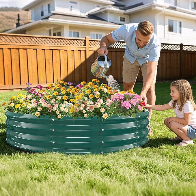 12 Inch Tall Heavy-Duty Round Steel Rised Garden Bed – Wave-Shaped Design Galvanized Metal Planter Box for Vegetables Flowers Succulent at Patio/Garden Outdoor (Green 60 Diameter)