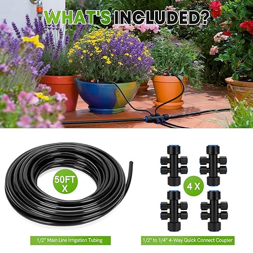 Snowtaros 50FT 1/2 Drip Irrigation Tubing with 4 Packs 4-Way Quick Coupler Push-to-Connect Fittings for Garden Watering System for Raised Beds Garden Greenhouse Lawn