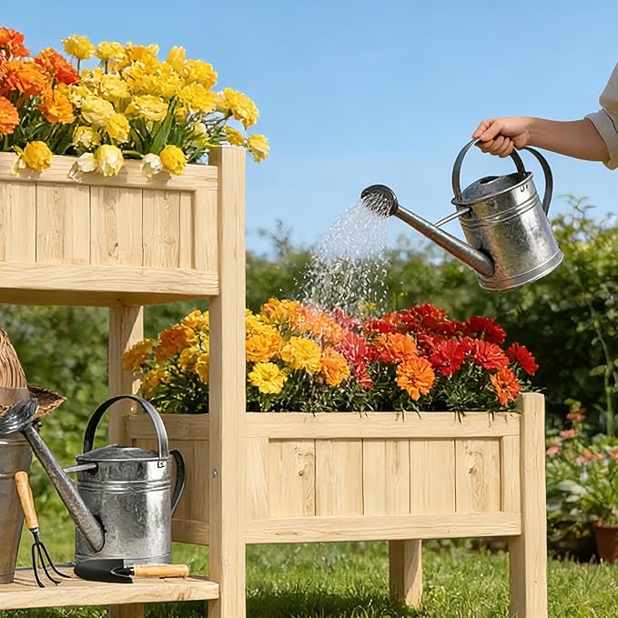 Wooden Raised Garden Bed with Legs &amp Storage Shelf 3 Tier Outdoor Elevated Planter Box for Patios/Herbs/Flowers/Vegetables Easy Assembly Natural