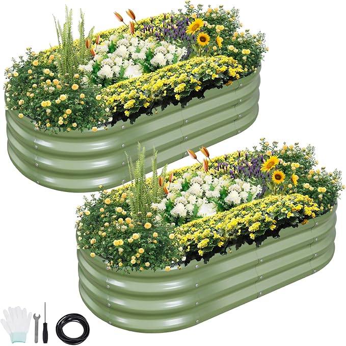 Galvanized Raised Garden Bed Outdoor- 2 Pcs Raised Beds for Gardening| Metal Planter Box Steel Raised Garden Bed Kit with Gloves for Vegetables Flower Herbs (4x2x1FT Green)