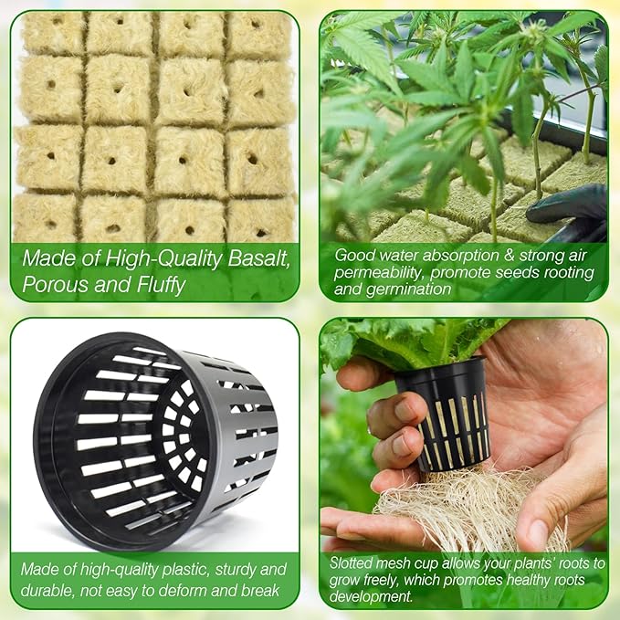 Halatool 24 x 2-Inch Rockwool Cubes &amp 24 x 3-Inch Net Cups - Hydroponics Starter Kit for Plants Cloning Seed Starting and Patio Gardening - Durable Effective Great Gift Option