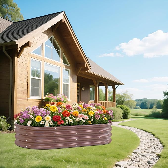 Galvanized Raised Garden Bed Kit Galvanized Planter Raised Garden Boxes Outdoor Oval Metal Raised Garden Beds for Vegetables (Brown)