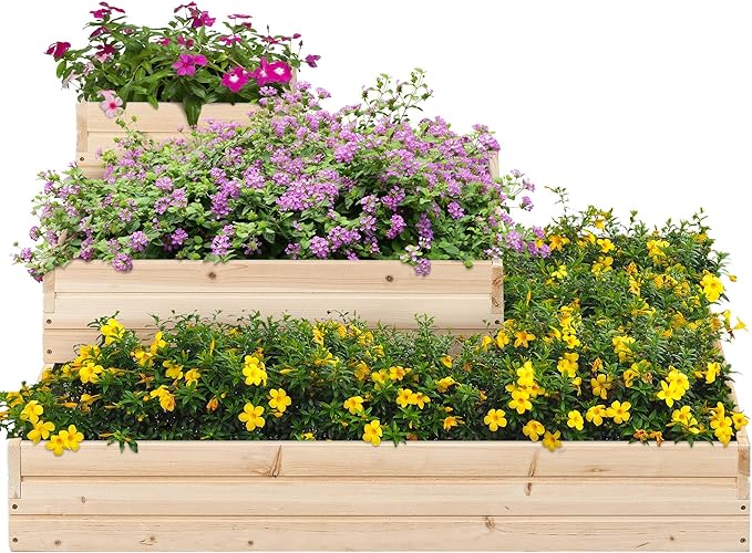 Yaheetech 3 Tier Wooden Raised Garden Bed 44.5'' L×44.5″ W×20.5″ H Horticulture Open-Bottom Planter Raised Garden Bed for Flowers/Herbs/Vegetables Planter Flower Box