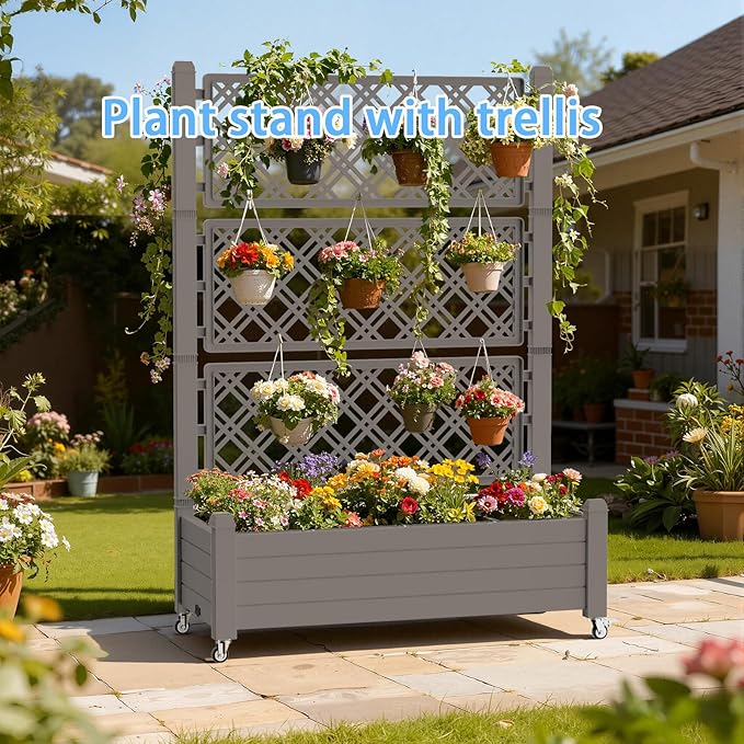 Mobile Garden Planter with Trellis &amp Lockable Wheels Outdoor Raised Bed with Drainage &amp Water Gauge Weather-Resistant Resin for Patio Balcony Yard Dust-Resistant (Grey 43.43*18.27*64.29)