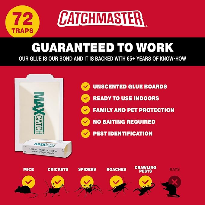 Catchmaster Max-Catch Mouse &amp Insect Glue Trap 72PK Mouse Traps Indoor for Home Sticky Pest Control Adhesive Tray for Catching Bugs Bulk Unscented Glue Boards