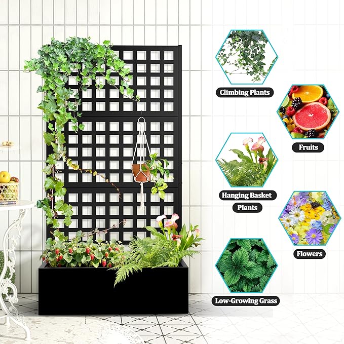 Metal Planter Box with Trellis Planter Box with Privacy Screen Privacy Trellis Outdoor for Climbing Plants with Drainage Holes Raised Garden Bed for Vegetables