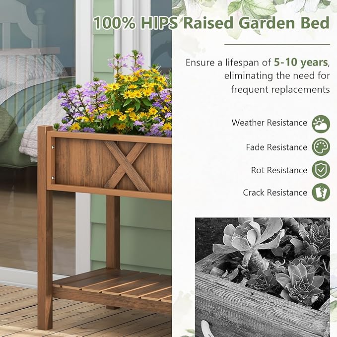 Raised Garden Bed with Legs 47 x 18 x 29 Inch Elevated Planter Box w/HIPS Frame Drainage Holes &amp Storage Shelf Standing Raised Planter for Flowers Herbs Outdoor Balcony Backyard (Coffee)