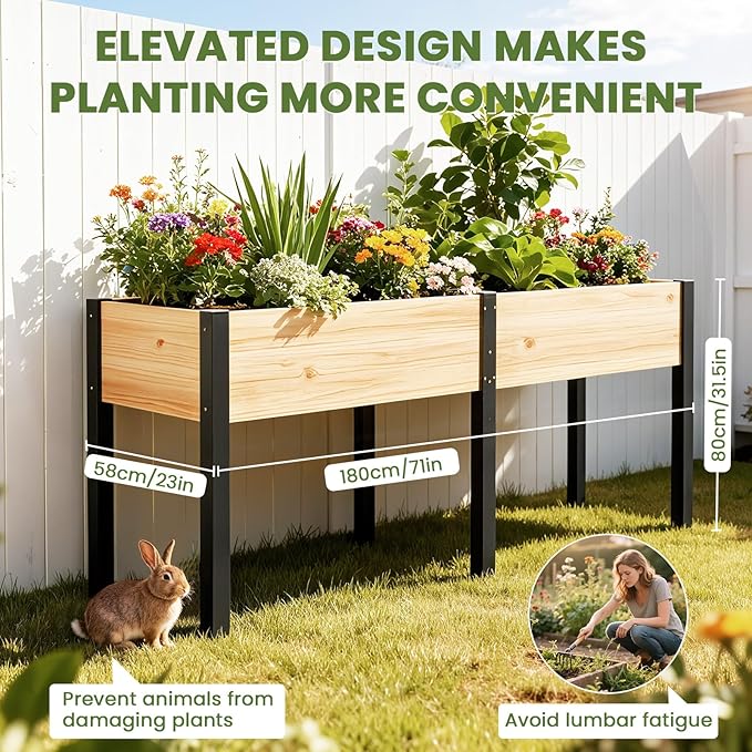 SUNYRISY Dual Wooden Raised Garden Bed Outdoor with Metal Legs for Gardening 71 L x 23.6 W x 31.5 Elevated Planter Garden Box Raised Bed for Vegetable Flower Herb