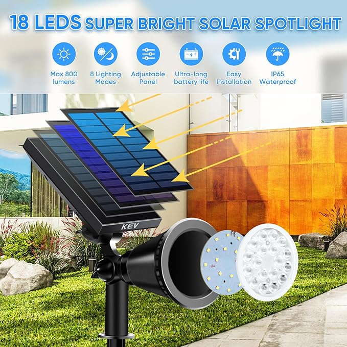 KEV 800 Lumens Solar Spot Lights Outdoor18 LEDs Solar Flood Lights with 2 Modes &ampAdjustable &ampIPX65 WaterproofSolar Spotlight for Driveway/Backyard/Patio Landscape/Tree/Garage(Cool White 4 P